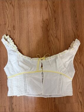 White Crop Top with Yellow Trim and Lace Accents